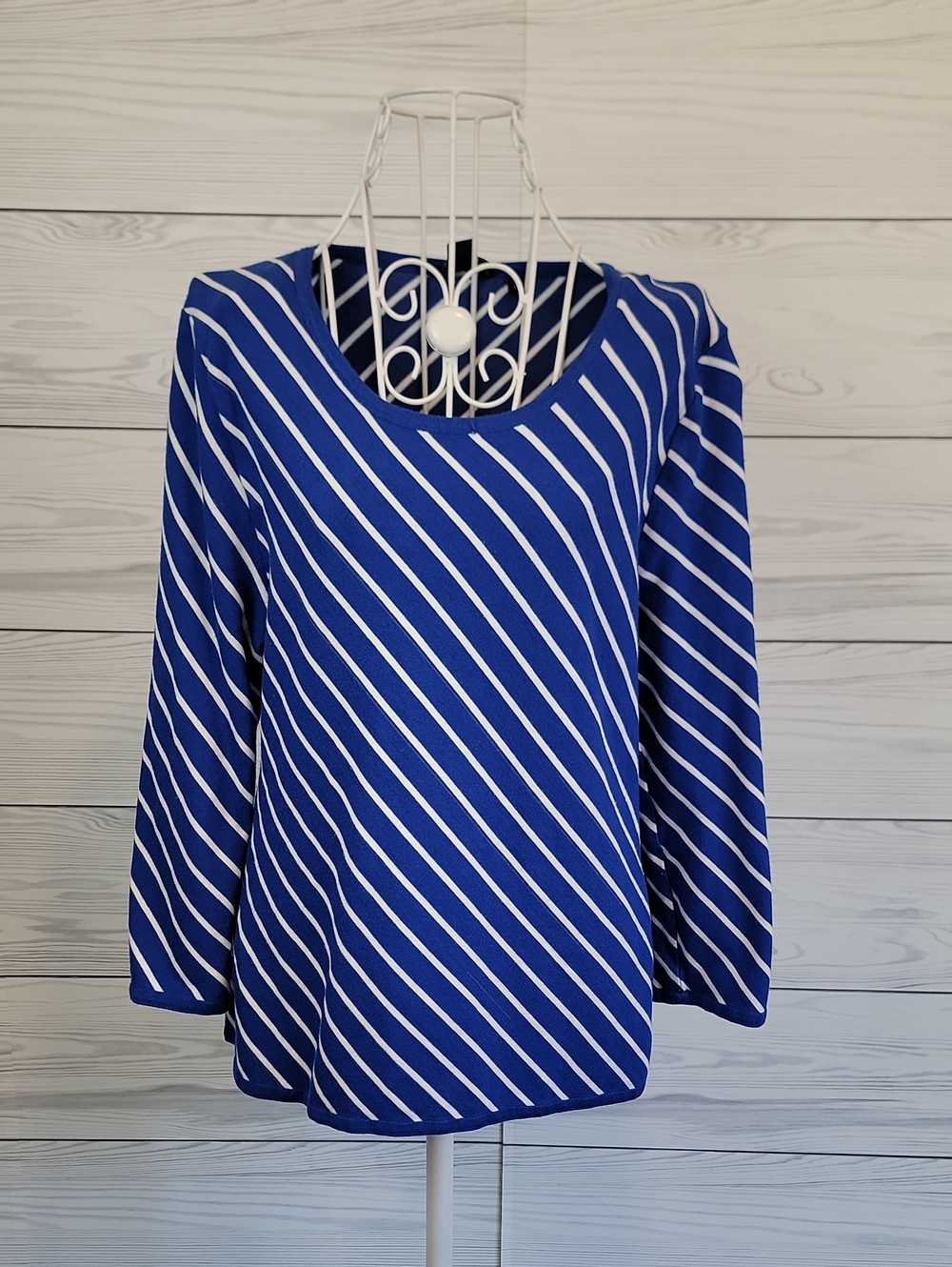 Peck & Peck Blue & White Diagonal Stripe Long Sleeve Top Womens Size L